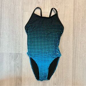 Sporti Molecule Thin Strap One Piece Swimsuit Black and Blue Polka Dot Like New